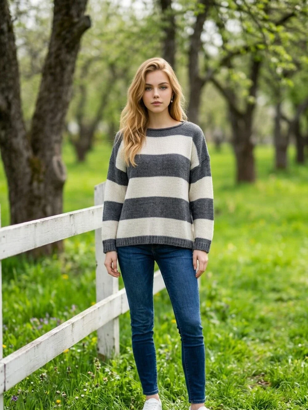 Brandy Melville Striped Knit Sweater - Gray and Cream One Size Fits All